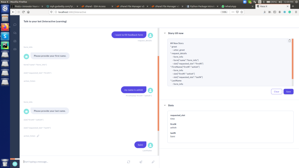 output of database connectivity with rasa chatbot